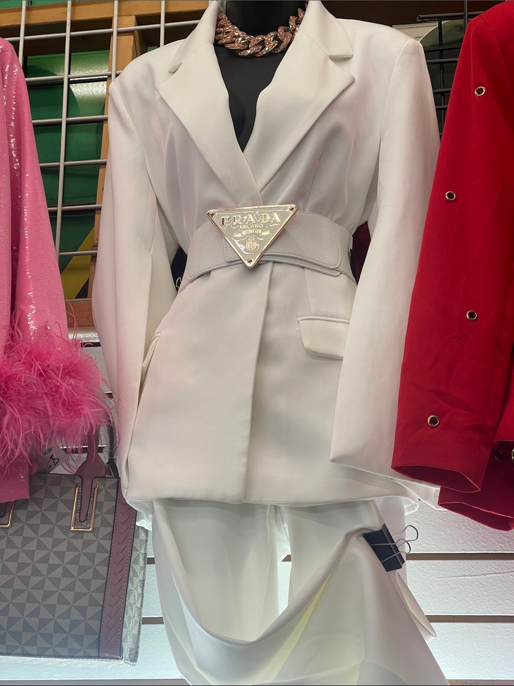 Prada White Tailored Blazer Pantsuit with Statement Logo Belt